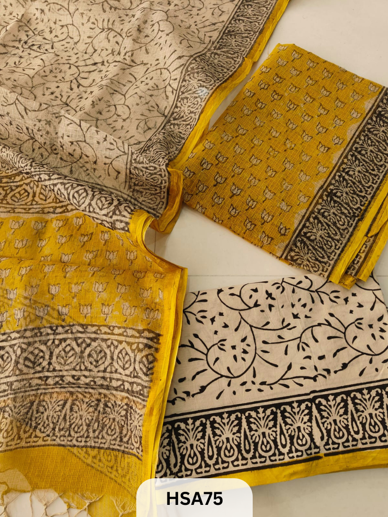 HAND BLOCK PRINTED KOTA DORIA SUIT WITH KOTA DORIA DUPATTA COTTON BOTTOM