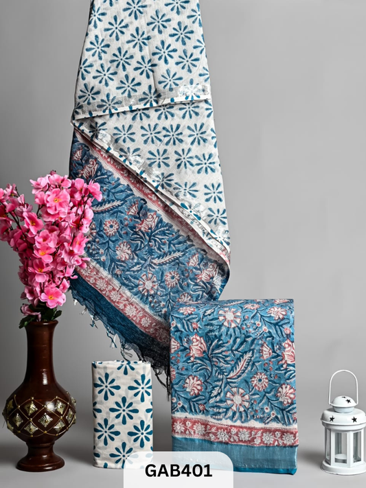 BAGRA HAND BLOCK PRINTED LINEN SUITS WITH ZARI BORDER - 3 pcs