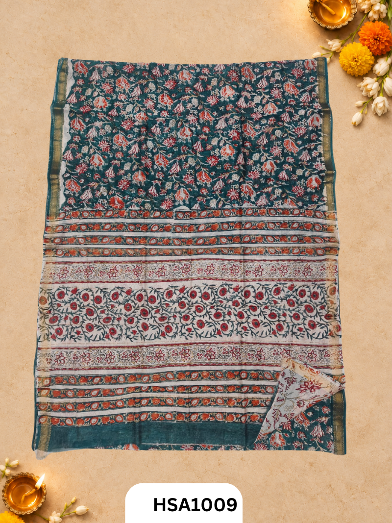 Pure Maheswari Silk Cotton - Handblock Print Saree With Blouse