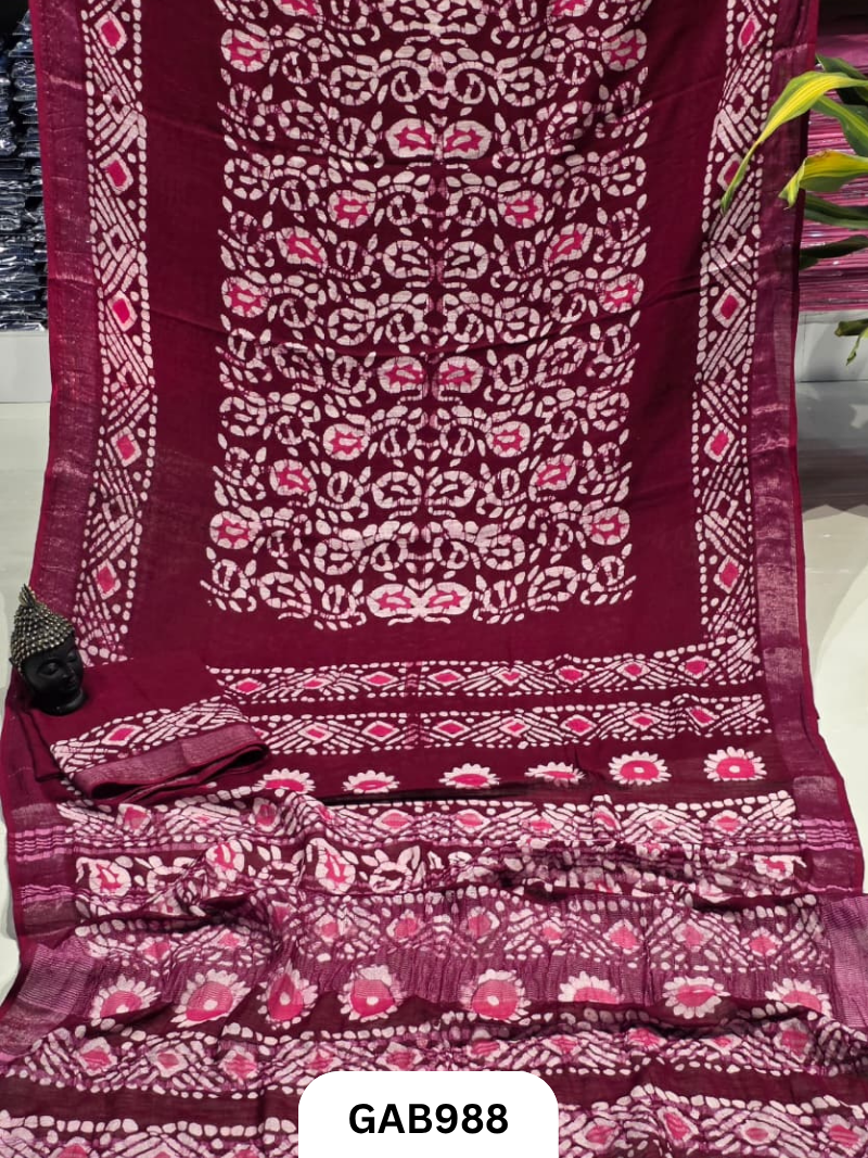 Bagru Handblock Print Linen Saree With Attached Blouse