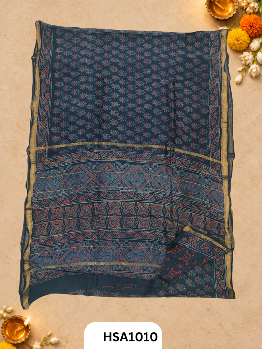 Pure Maheswari Silk Cotton - Handblock Print Saree With Blouse