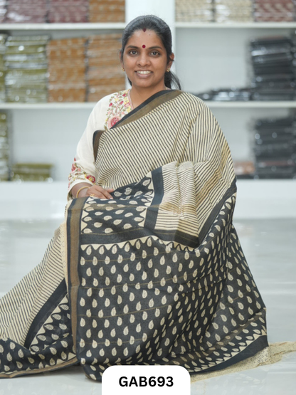 Hand Block Printed Maheshwari Silk Saree