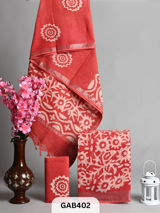 BAGRA HAND BLOCK PRINTED LINEN SUITS WITH ZARI BORDER - 3 pcs