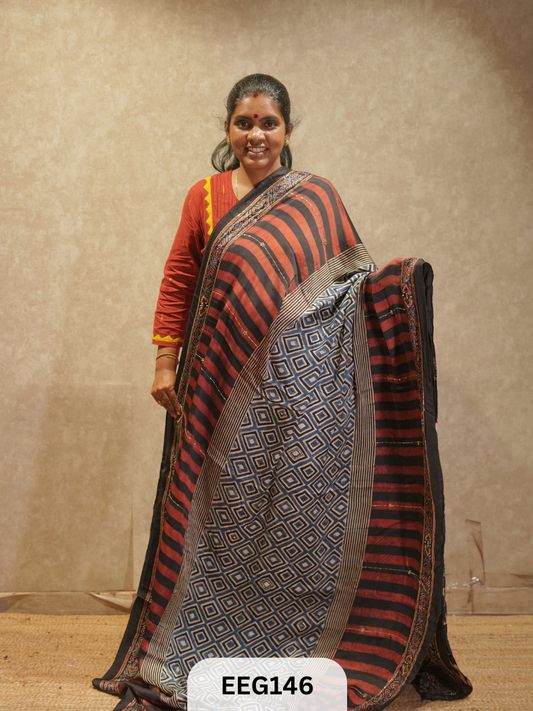 AJRAKH MODAL SAREE WITH KHATLI HANDWORK