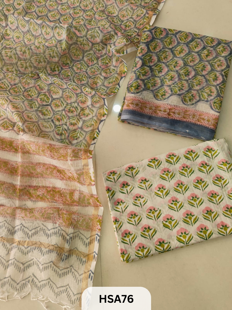 HAND BLOCK PRINTED KOTA DORIA SUIT WITH KOTA DORIA DUPATTA COTTON BOTTOM