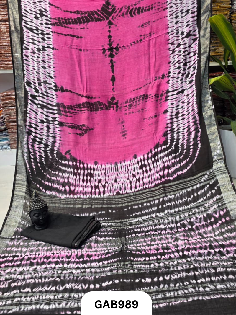 Bagru Handblock Print Linen Saree With Attached Blouse