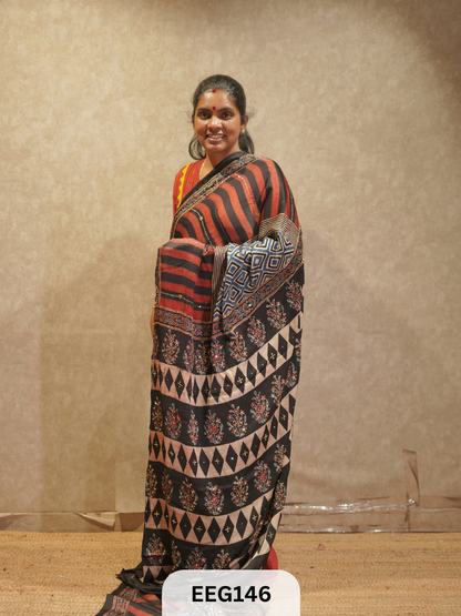 AJRAKH MODAL SAREE WITH KHATLI HANDWORK