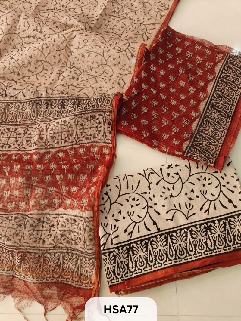 HAND BLOCK PRINTED KOTA DORIA SUIT WITH KOTA DORIA DUPATTA COTTON BOTTOM