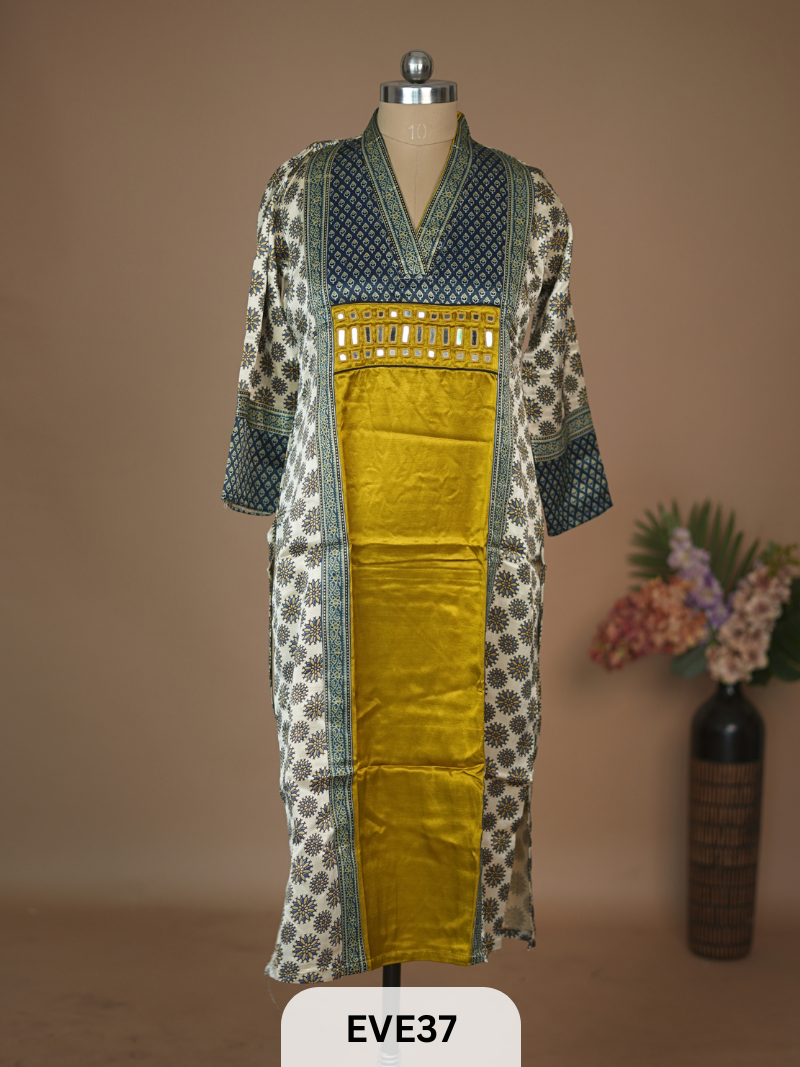 MASHRU SILK AJRAKH HAND MIRROR WORK