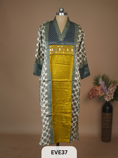 MASHRU SILK AJRAKH HAND MIRROR WORK