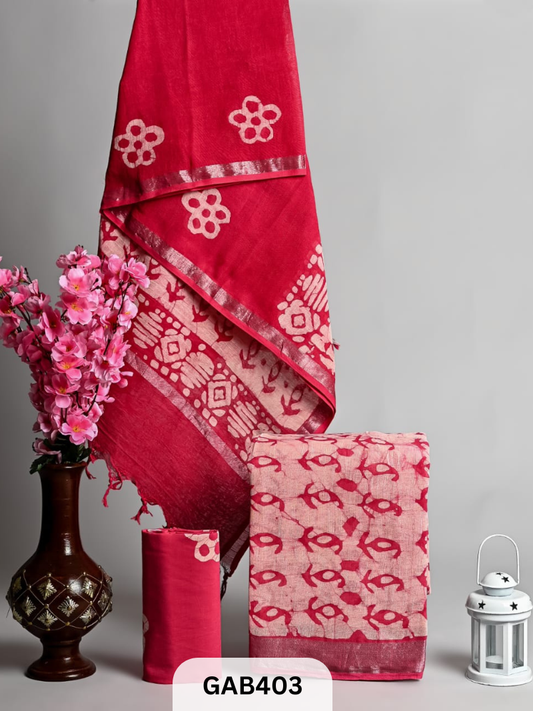 BAGRA HAND BLOCK PRINTED LINEN SUITS WITH ZARI BORDER - 3 pcs