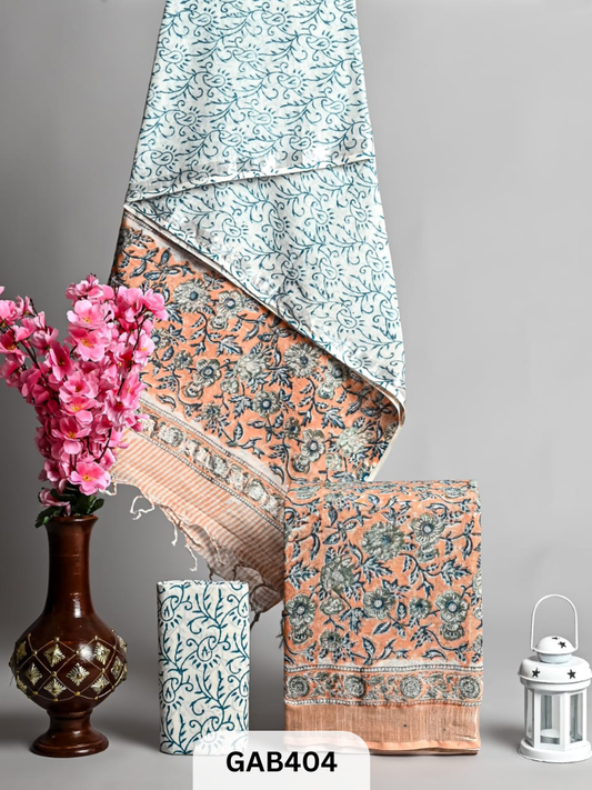 BAGRA HAND BLOCK PRINTED LINEN SUITS WITH ZARI BORDER - 3 pcs