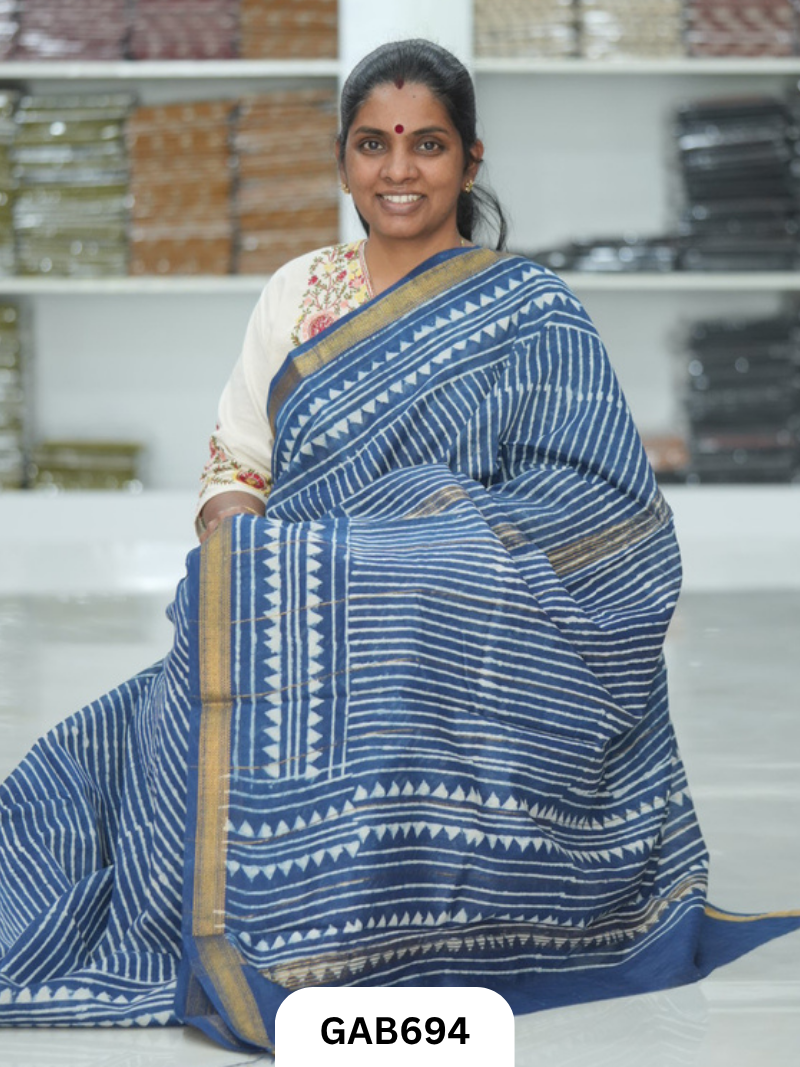Hand Block Printed Maheshwari Silk Saree