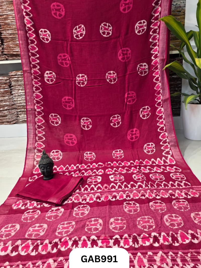 Bagru Handblock Print Linen Saree With Attached Blouse