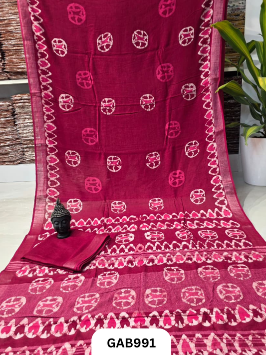 Bagru Handblock Print Linen Saree With Attached Blouse