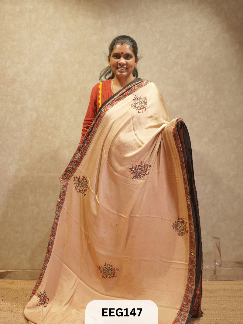 AJRAKH MODAL SAREE WITH KHATLI HANDWORK