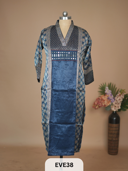 MASHRU SILK AJRAKH HAND MIRROR WORK