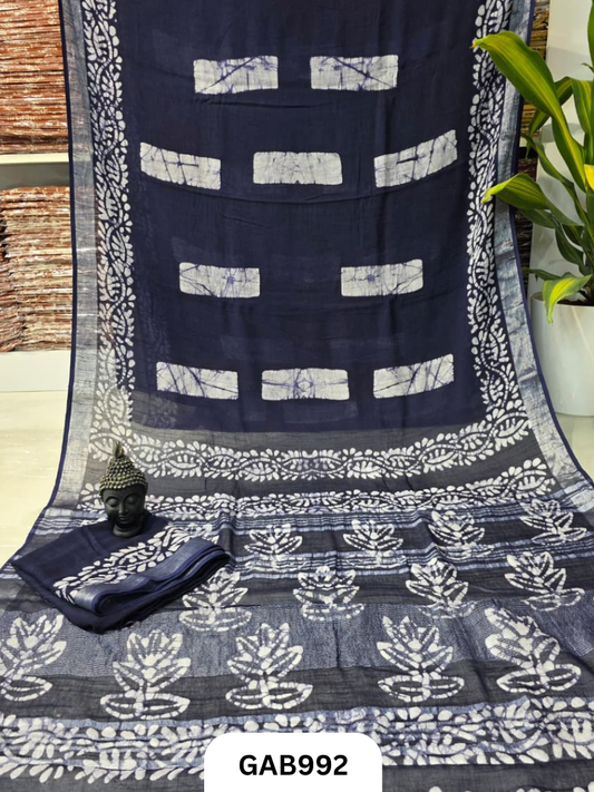 Bagru Handblock Print Linen Saree With Attached Blouse