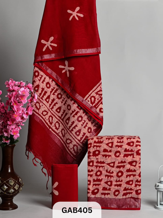 BAGRA HAND BLOCK PRINTED LINEN SUITS WITH ZARI BORDER - 3 pcs