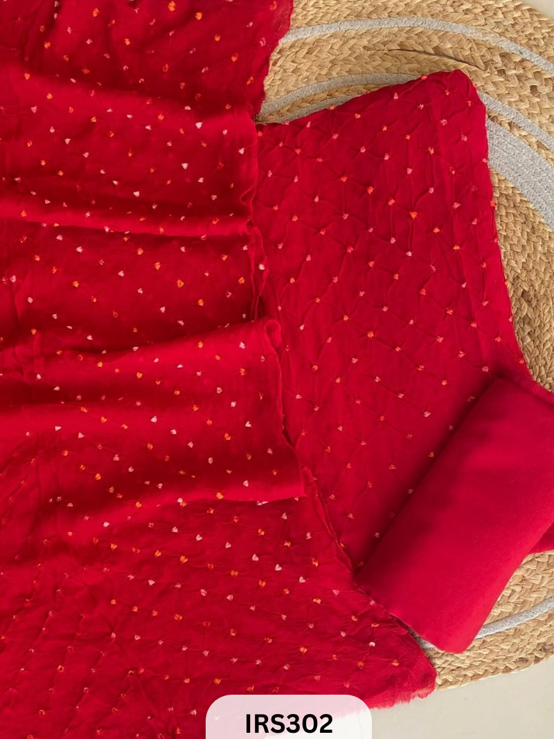 HAND BANDHANI DUPATTA PURE CHIFFON 3 PCS SUIT - RED
