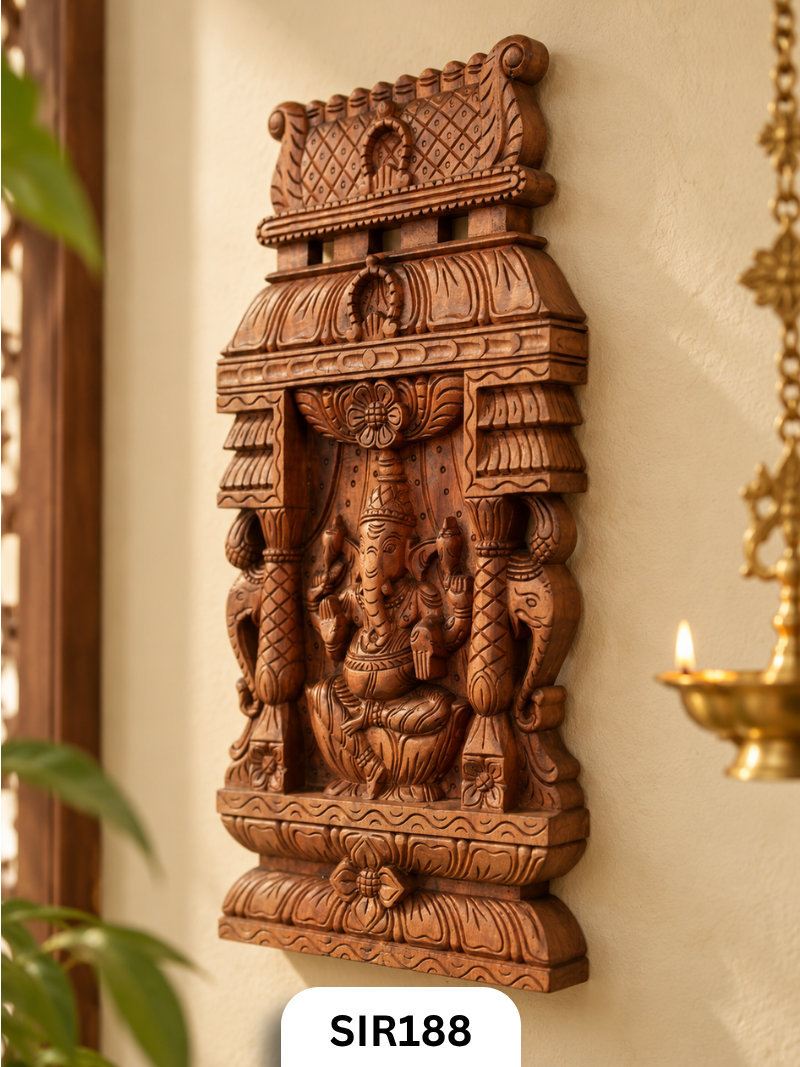Divine Ganesha Handcrafted Wooden Temple Wall Panel