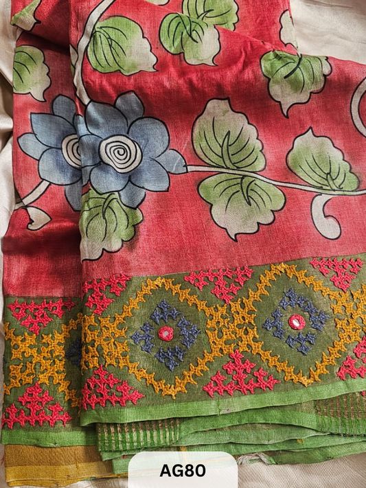 PURE TUSSAR WITH PENKALAMKARI | KUTCHI GUJARATI HAND EMBROIDERY
