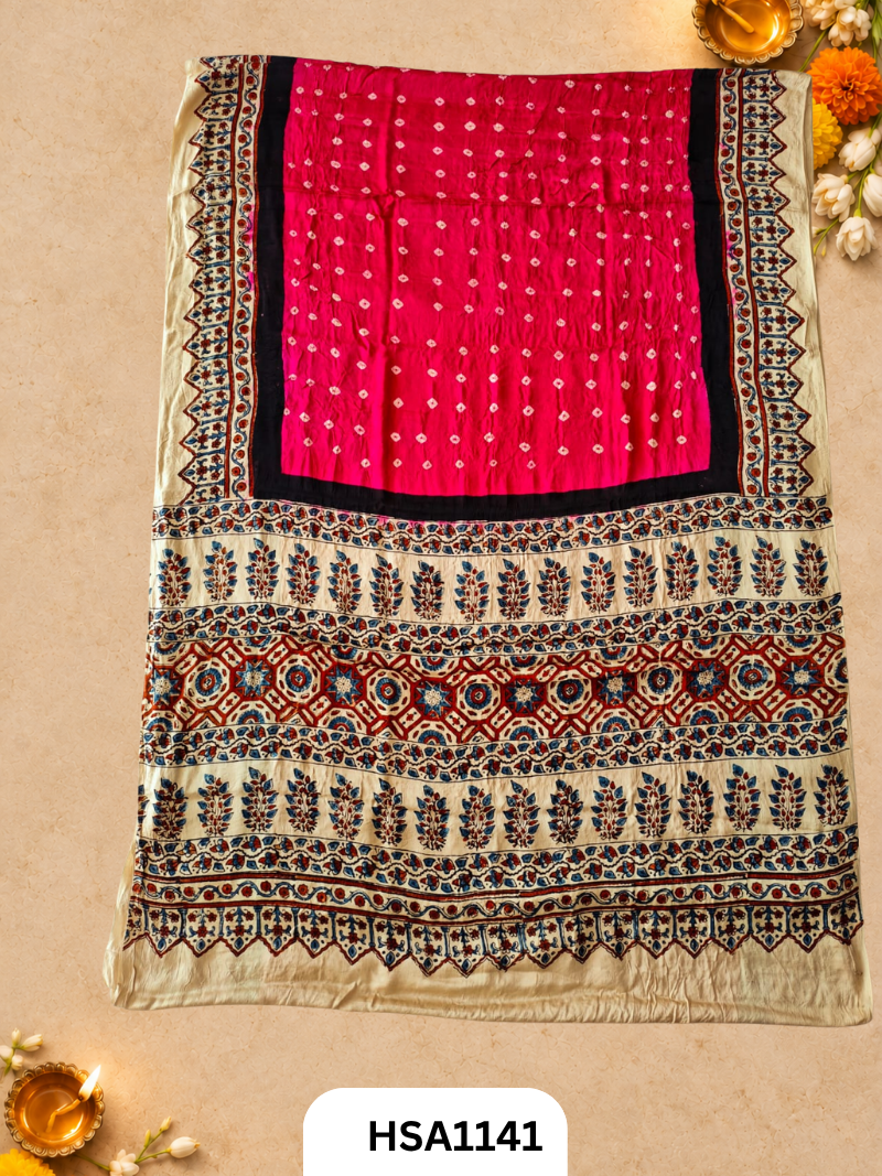 Ajarkh  Bandej Modal silk saree with blouse