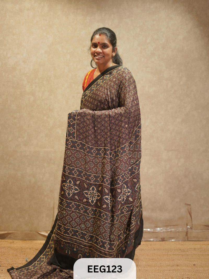AJRAKH MODAL SAREE WITH KHATLI HANDWORK