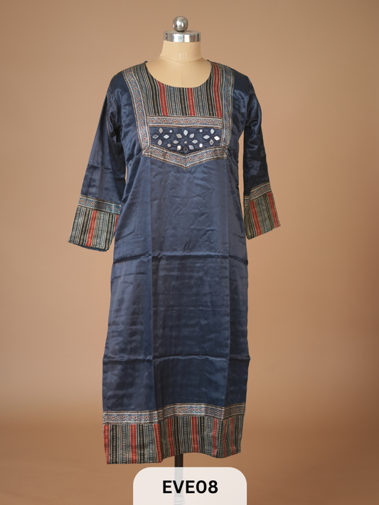 MASHRU KURTI WITH MIRROR WORK AND AJRAKH PRINT