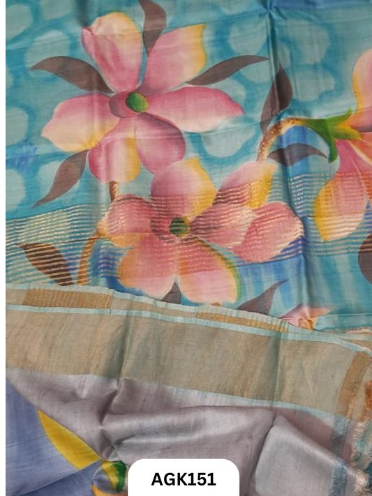 Premium Zari Border Tussar Hand-Painted Saree – Silk Mark Certified