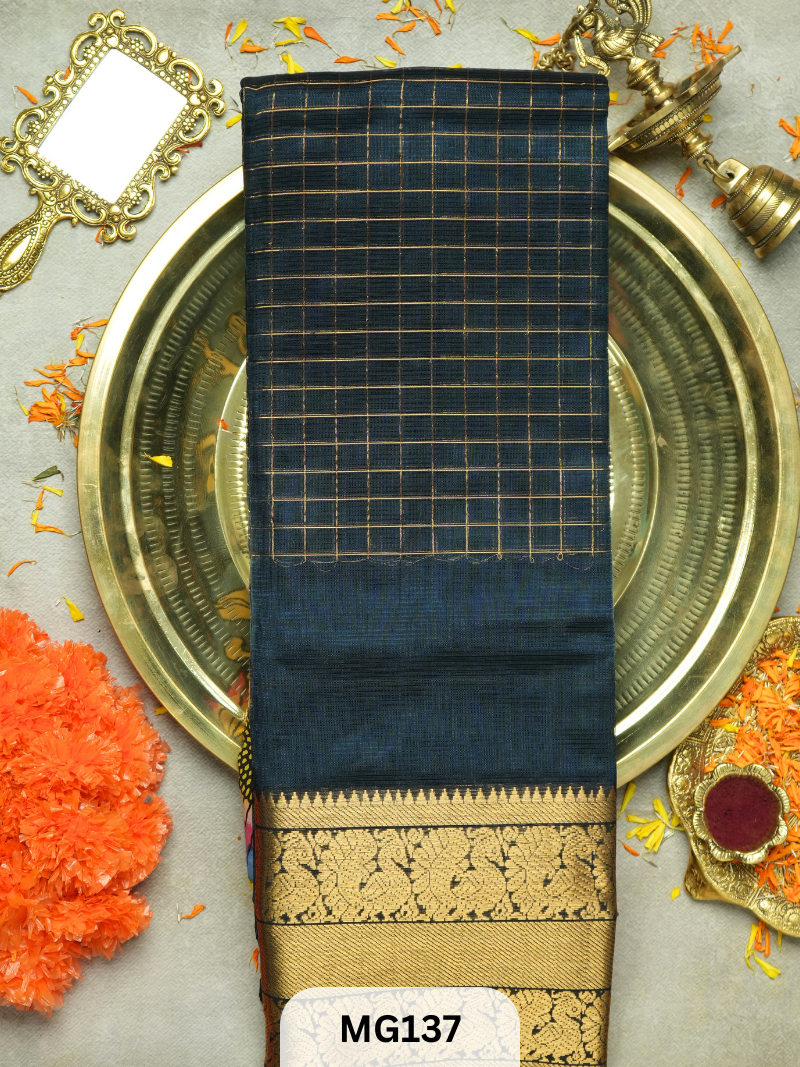 Handloom Mangalgiri pattu saree with Kanchi border - Bluish green