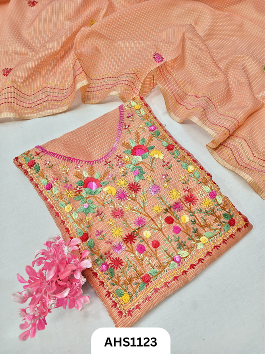 Tissue Kota Doria With Hand Fullkari Work Salwar Suit - Top & Duppatta 2.5mtr