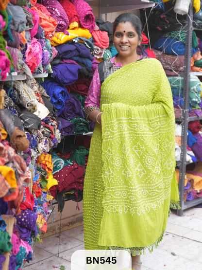 MUL COTTON HEAVY BANDHEJ SAREE WITH JARI TUSSLES