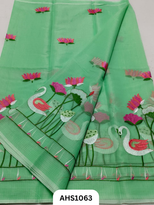 Kota Cotton Lotus & Swan Embroidery  Work Saree with Blouse