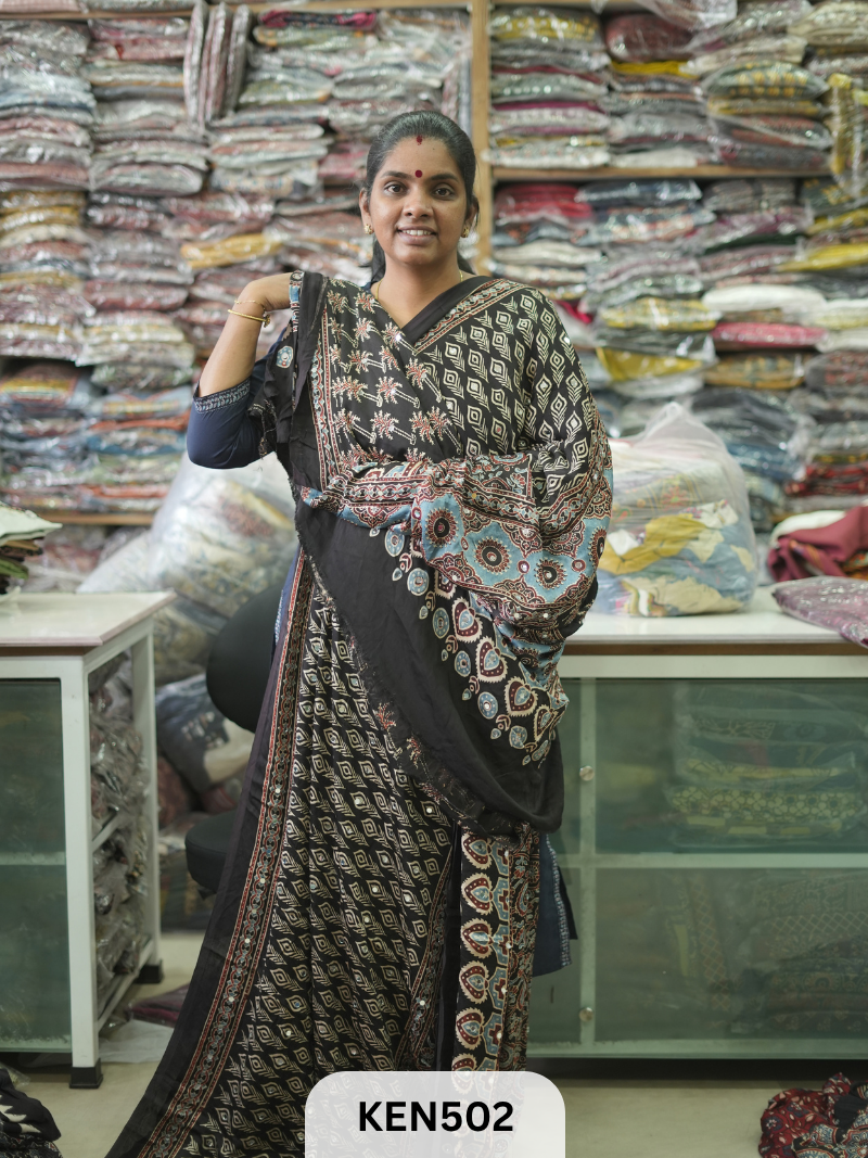 MODAL NATURAL AJRAKH HANDBLOCK SAREE WITH GLUE MIRROR