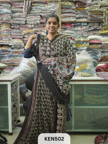 MODAL NATURAL AJRAKH HANDBLOCK SAREE WITH GLUE MIRROR