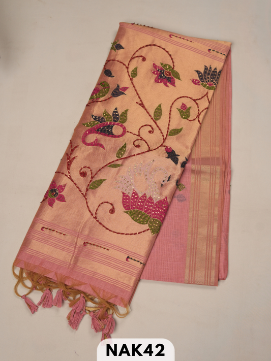 Semi Tussar paithani with Hand embroidry saree