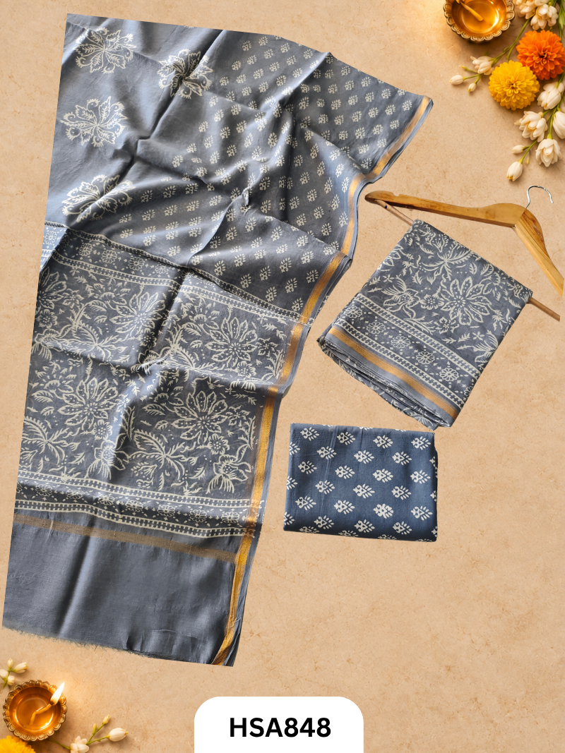 HandBlock Printed Chanderi Silk Cotton Suits -Top 2.5M Duptta 2.5M