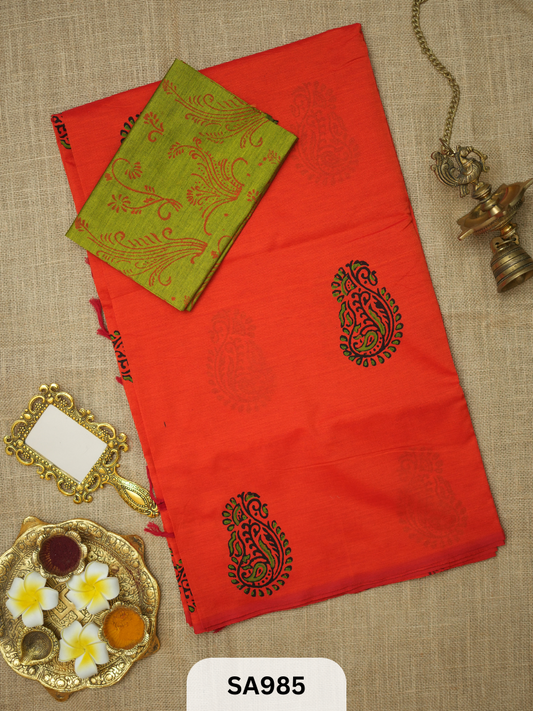 SILK COTTON EMBROIDERY HANDBLOCK SAREE