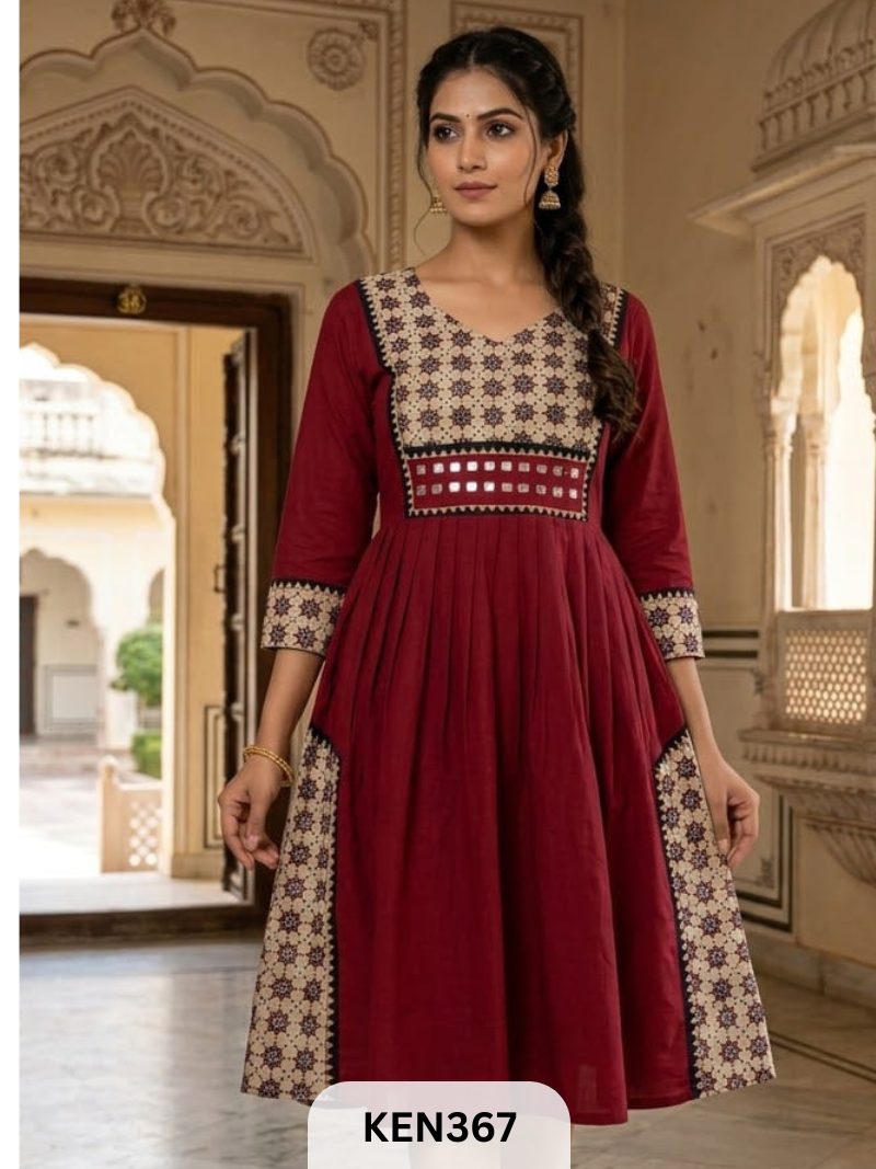 COTTON NATURAL &PLAIN COMBINATION FROCK STYLE KURTI WITH MIRROR WORK