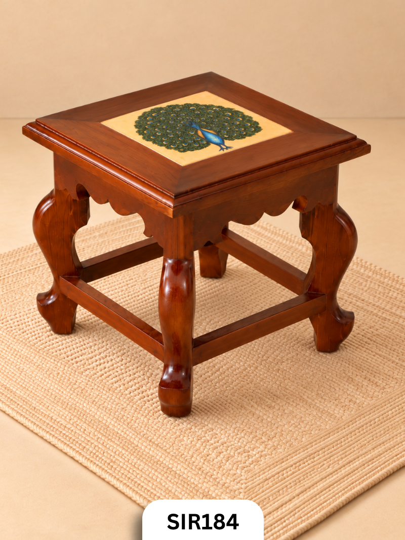 Teak Wood Authentic Athanugudi Tiles Handcrafed Stool Peacock Top