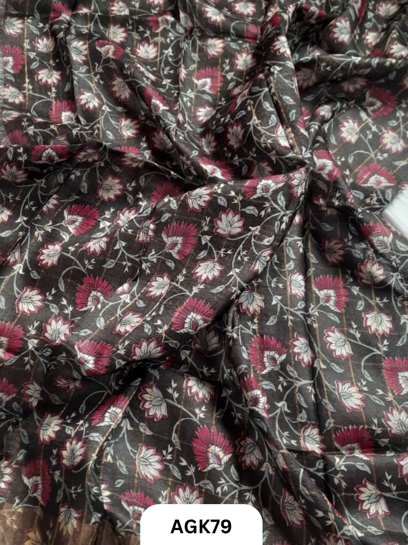 Premium Check Tussar Blouse Piece with Kalamkari Print – 80 CM