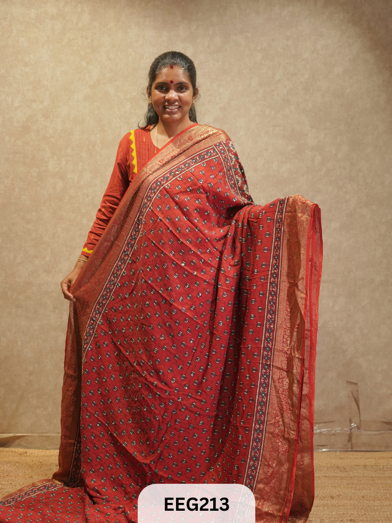 AJRAKH DOLA SILK SAREE WITH MIRROR WORK - IMMEDIATE DISPATCH