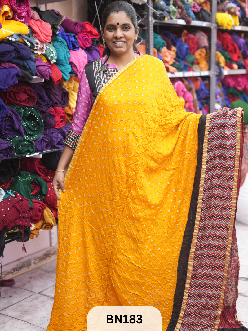 AJRAKH BANDHEJ WITH SKIRT BORDER SAREES | MODAL GAJI FABRIC