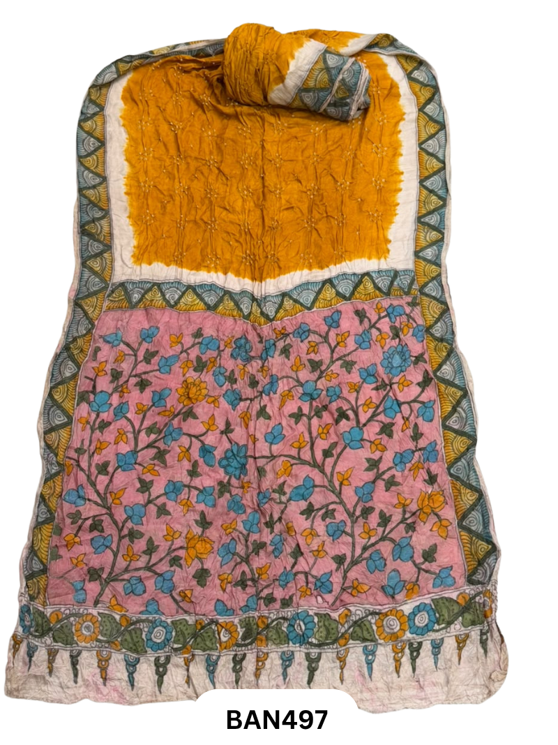Pure Chanderi Silk X Bandhini Penkalamkari Fusion Saree