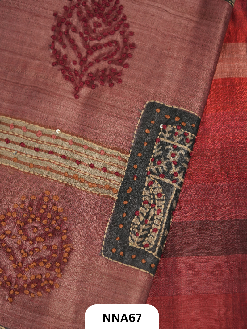 Handloom Pure Tussar Silk - Bullion With Kantha Stitch Saree