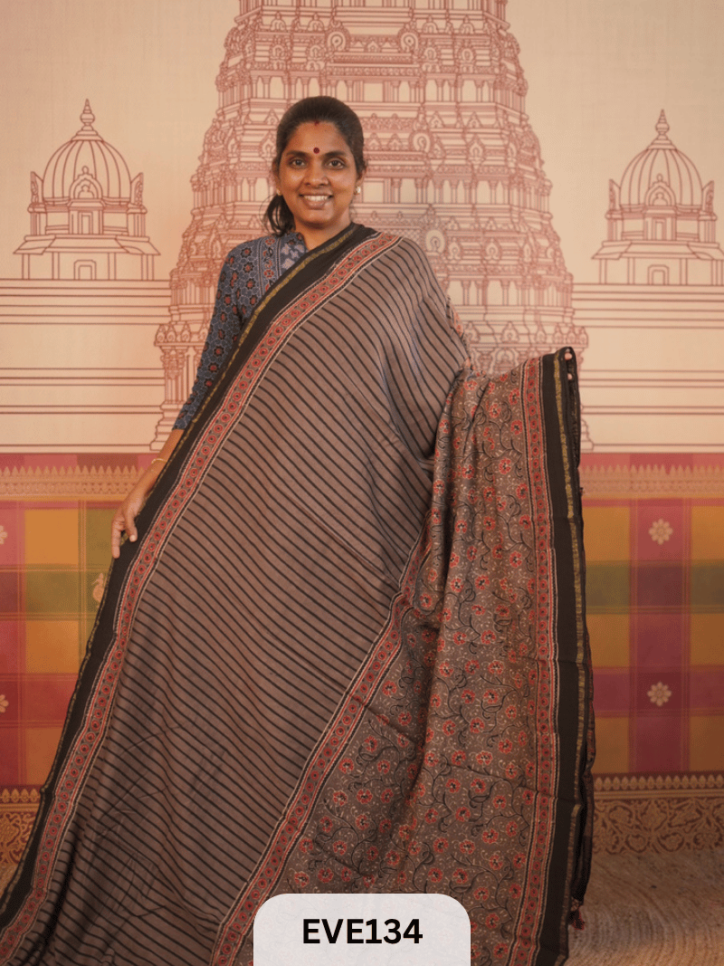 PURE CHANDERI SILK AJRAKH HANDBLOCK SAREE