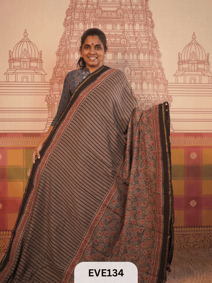 PURE CHANDERI SILK AJRAKH HANDBLOCK SAREE