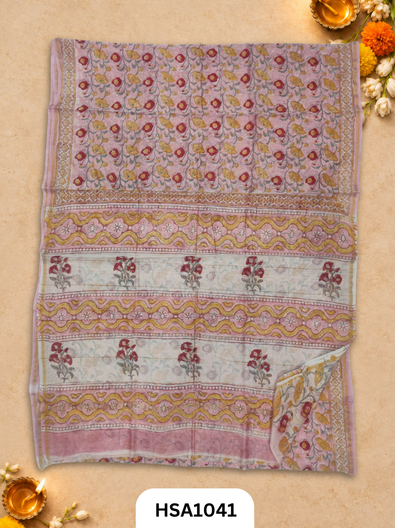 Pure Hand Block Printed Chanderi Silk Saree With Printed Blouse