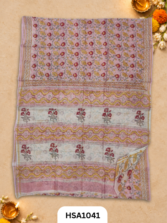 Pure Hand Block Printed Chanderi Silk Saree With Printed Blouse